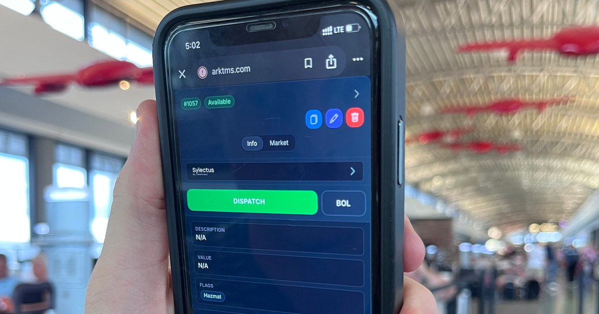 ARK TMS mobile interface shown on a phone with load detail actions and reporting context