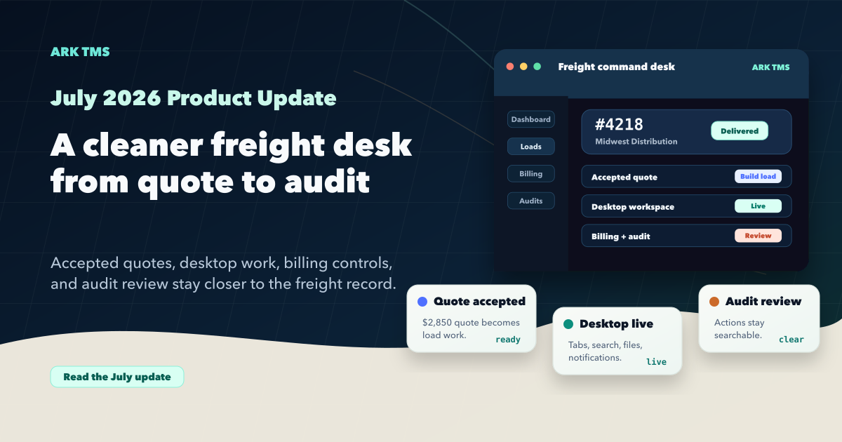 July 2026 ARK TMS product update graphic showing desktop, quote-to-load, billing, and review workflows